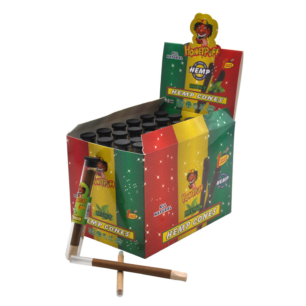 HONEYPUFF 98 mm Mint Flavored Pre Rolled Cones, Wood Tips Rolling Cones & Glass Cigarette Holder, 1 PCS /Tube 24Tubes / Box