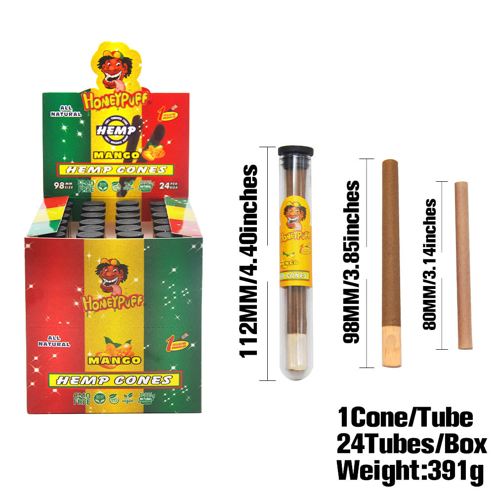 Cônes pré-roulés Honeypuff 98 mm à la mangue, cônes à rouler avec embouts en bois et porte-cigarette en verre, 1 tube, 24 tubes par boîte