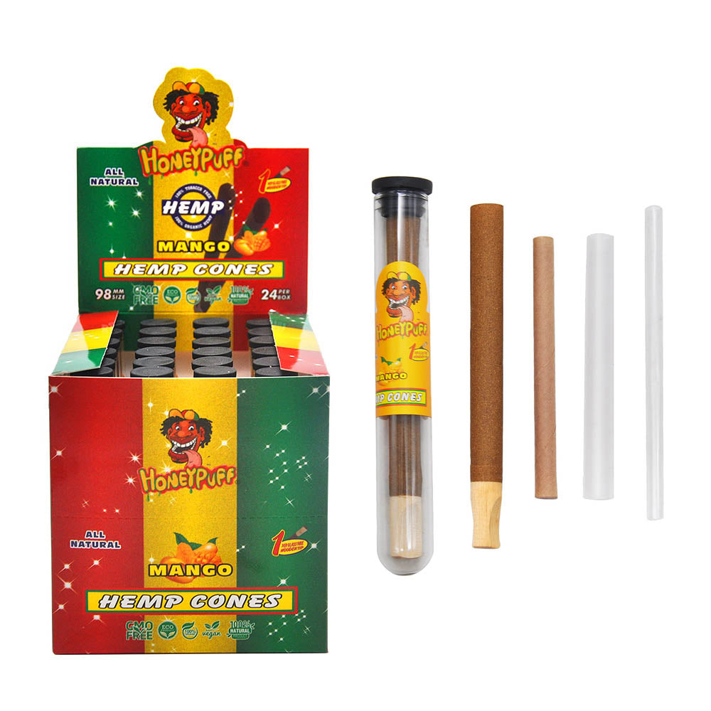 Cônes pré-roulés Honeypuff 98 mm à la mangue, cônes à rouler avec embouts en bois et porte-cigarette en verre, 1 tube, 24 tubes par boîte