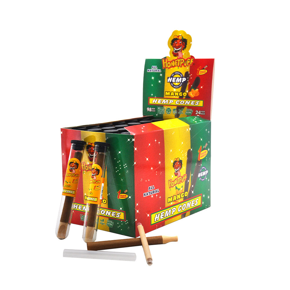 Cônes pré-roulés Honeypuff 98 mm à la mangue, cônes à rouler avec embouts en bois et porte-cigarette en verre, 1 tube, 24 tubes par boîte