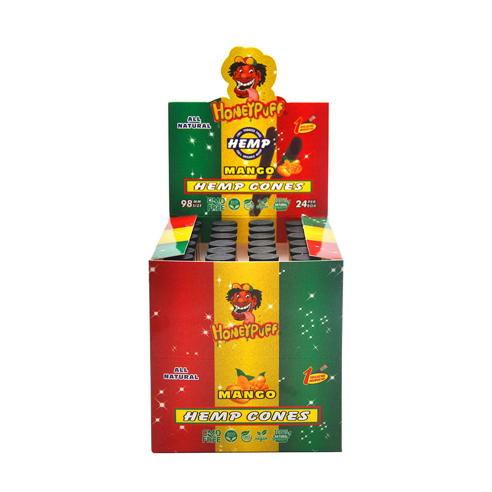 Cônes pré-roulés Honeypuff 98 mm à la mangue, cônes à rouler avec embouts en bois et porte-cigarette en verre, 1 tube, 24 tubes par boîte