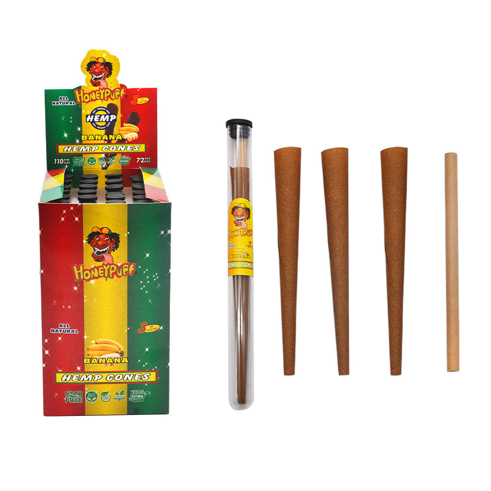 HONEYPUFF Banana Flavors Pre Rolled Cones with Tips, King Size Pre Rolled Rolling Paper, Natural Rolling Papers & Glass Cigarette Holder, 3Cone/Tube 24Tubes/Box