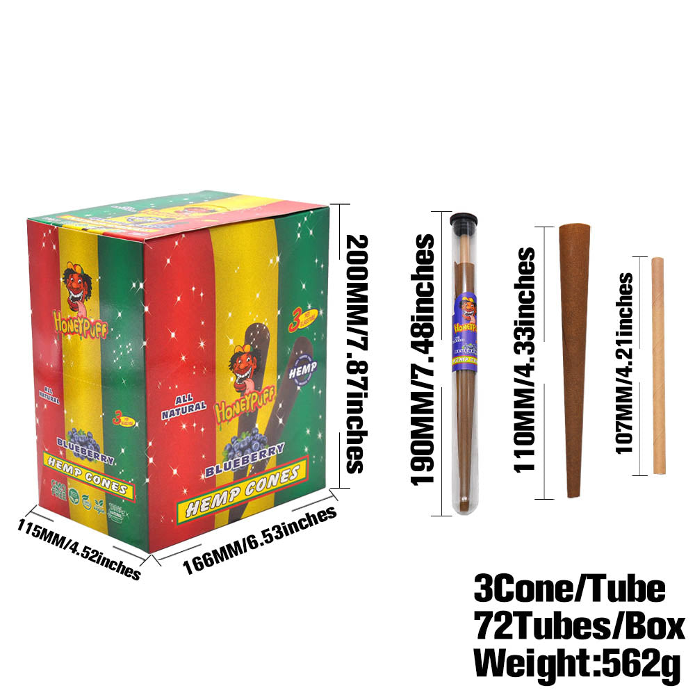 HONEYPUFF Blueberry Flavors Pre Rolled Cones with Tips, King Size Pre Rolled Rolling Paper, Natural Rolling Papers & Glass Cigarette Holder, 3Cone/Tube 24Tubes/Box