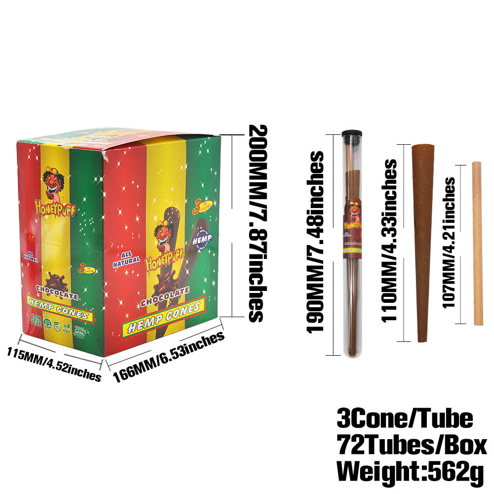 HONEYPUFF Chocolate Flavors Pre Rolled Cones with Tips, King Size Pre Rolled Rolling Paper, Natural Rolling Papers & Glass Cigarette Holder, 3Cone/Tube 24Tubes/Box