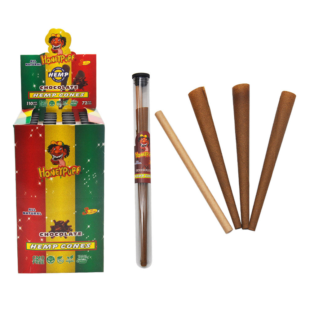 HONEYPUFF Chocolate Flavors Pre Rolled Cones with Tips, King Size Pre Rolled Rolling Paper, Natural Rolling Papers & Glass Cigarette Holder, 3Cone/Tube 24Tubes/Box