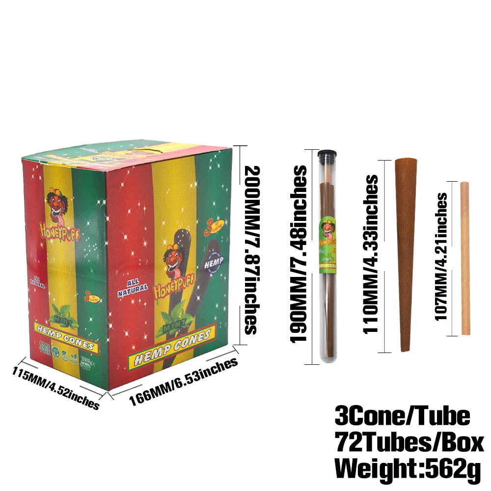 HONEYPUFF Mint Flavors Pre Rolled Cones with Tips, King Size Pre Rolled Rolling Paper, Natural Rolling Papers & Glass Cigarette Holder, 3Cone/Tube 24Tubes/Box