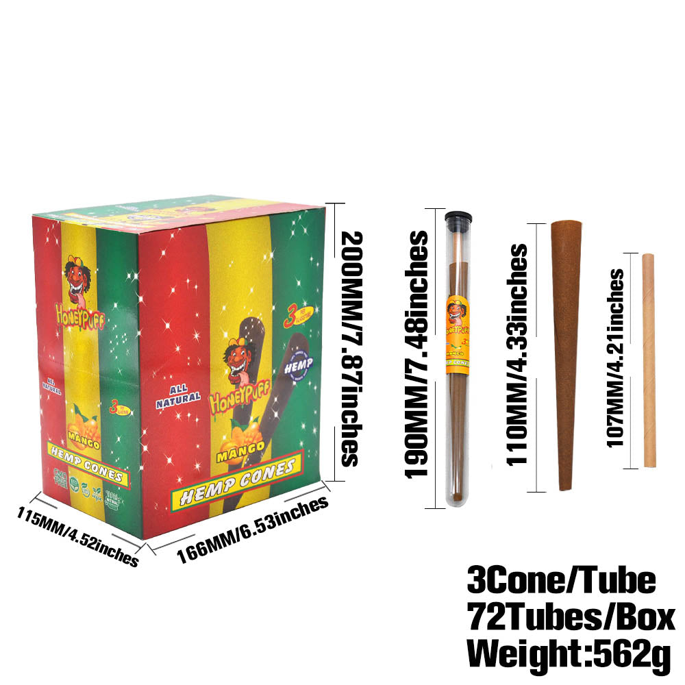 HONEYPUFF Mango Flavors Pre Rolled Cones with Tips, King Size Pre Rolled Rolling Paper, Natural Rolling Papers & Glass Cigarette Holder, 3Cone/Tube 24Tubes/Box
