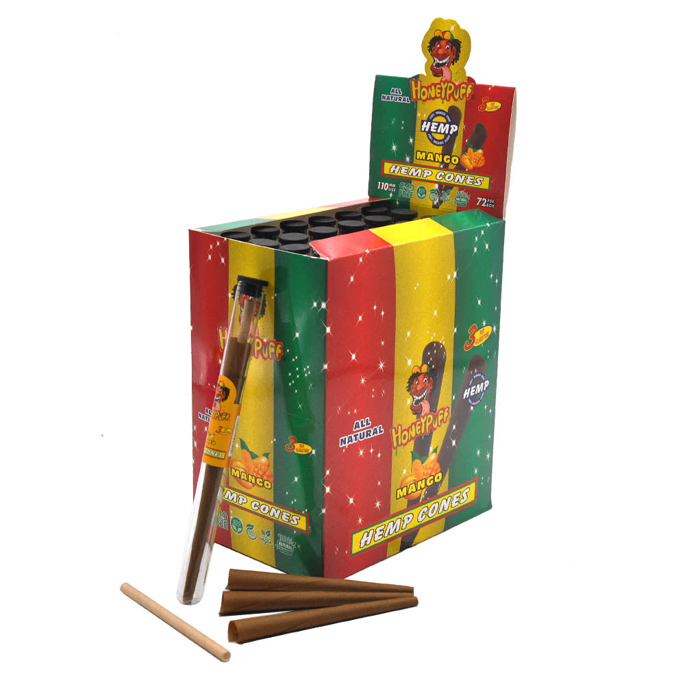 HONEYPUFF Mango Flavors Pre Rolled Cones with Tips, King Size Pre Rolled Rolling Paper, Natural Rolling Papers & Glass Cigarette Holder, 3Cone/Tube 24Tubes/Box
