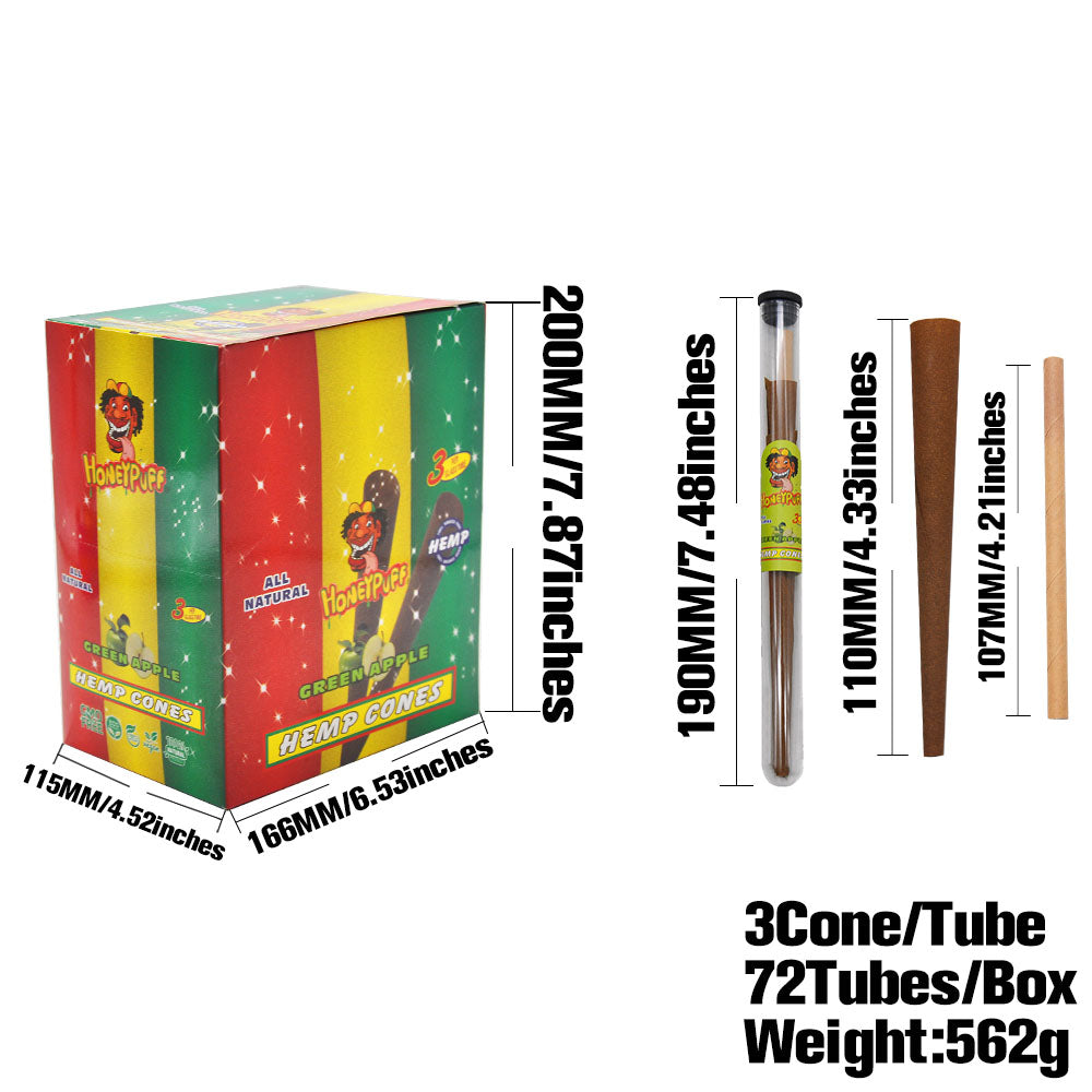 HONEYPUFF Green Apple Flavors Pre Rolled Cones with Tips, King Size Pre Rolled Rolling Paper, Natural Rolling Papers & Glass Cigarette Holder, 3Cone/Tube 24Tubes/Box