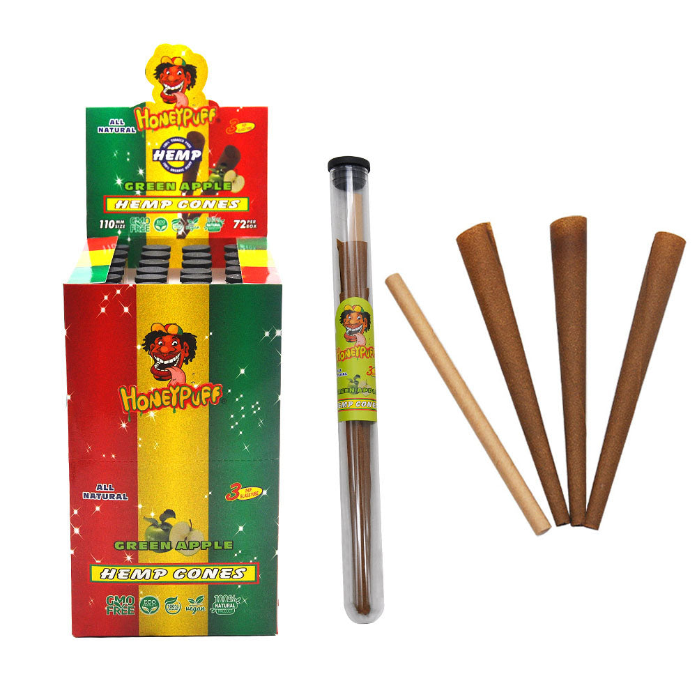 HONEYPUFF Green Apple Flavors Pre Rolled Cones with Tips, King Size Pre Rolled Rolling Paper, Natural Rolling Papers & Glass Cigarette Holder, 3Cone/Tube 24Tubes/Box