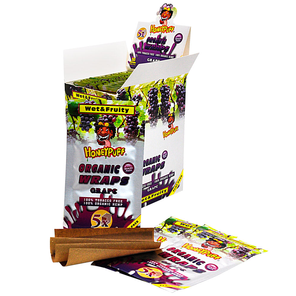 HONEYPUFF Grape Flavored Rolling Papers, King Size Cigarette Rolling Paper & Resealable Zip Pack, 5 Pieces / Pack 50 Packs / Box