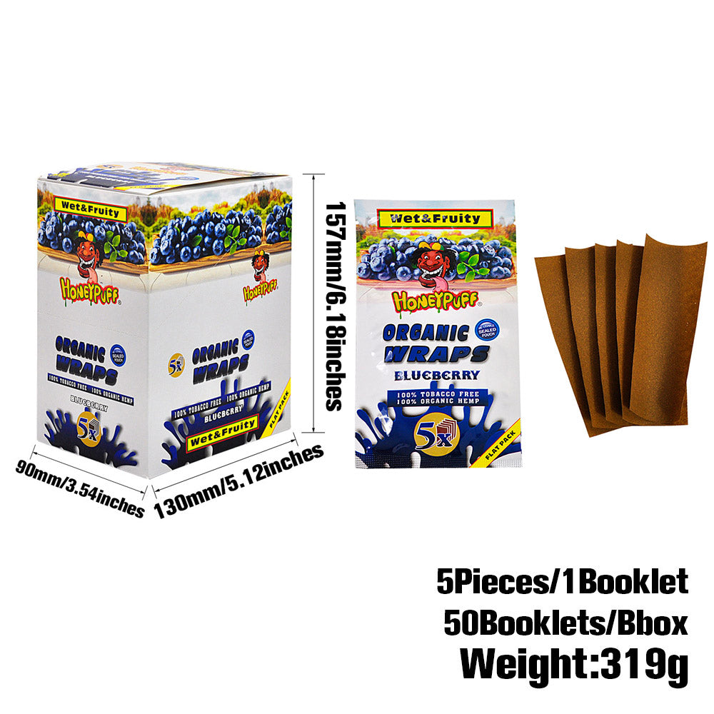 HONEYPUFF Blueberry Flavored Rolling Papers, King Size Cigarette Rolling Paper & Resealable Zip Pack, 5 Pieces / Pack 50 Packs / Box