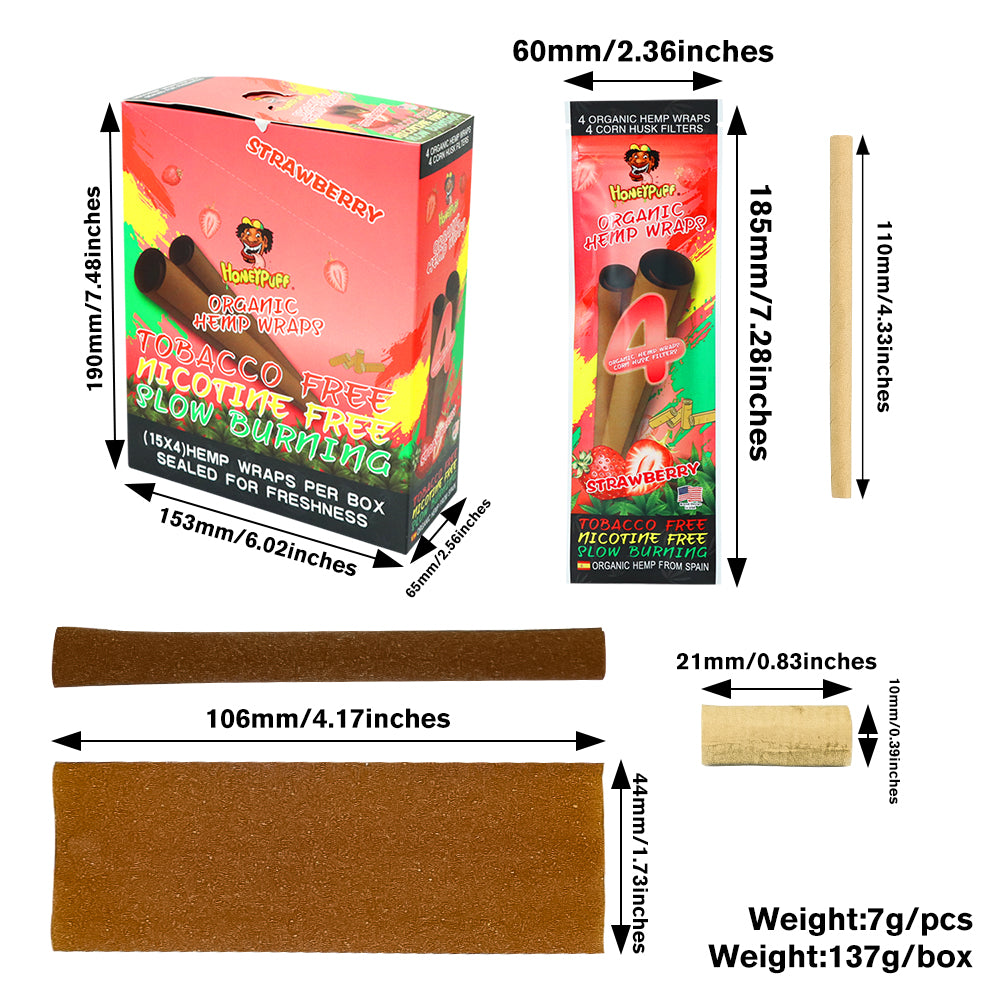 HONEYPUFF Strawberry Flavors Rolling Papers, King Size Cigarette Rolling Paper with Tips, Slow Burning Rolling Paper & Biodegradable, 4 Pieces / Pack 15 Pack / Box