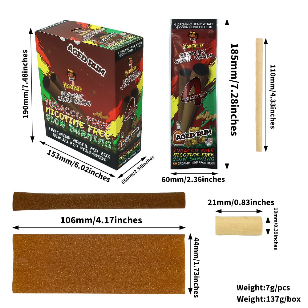 HONEYPUFF Aged Rum Flavors Rolling Papers, King Size Cigarette Rolling Paper with Tips, Slow Burning Rolling Paper & Biodegradable, 4 Pieces / Pack 15 Pack / Box