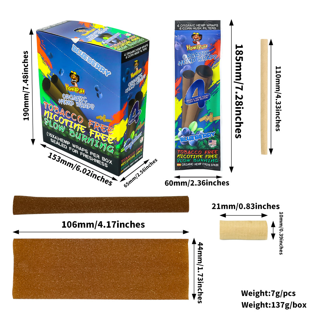 HONEYPUFF Blueberry Flavors Rolling Papers, King Size Cigarette Rolling Paper with Tips, Slow Burning Rolling Paper & Biodegradable, 4 Pieces / Pack 15 Pack / Box