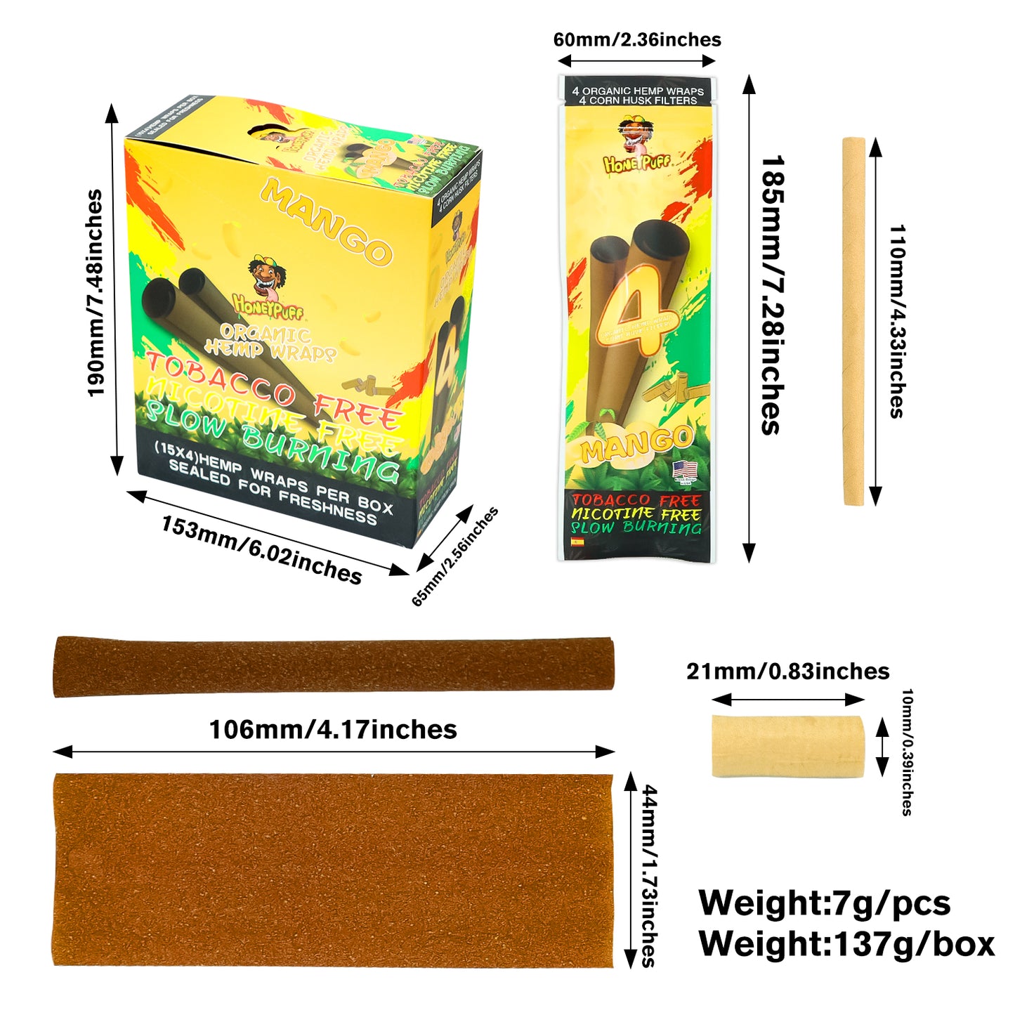 HONEYPUFF Mango Flavors Rolling Papers, King Size Cigarette Rolling Paper with Tips, Slow Burning Rolling Paper & Biodegradable, 4 Pieces / Pack 15 Pack / Box