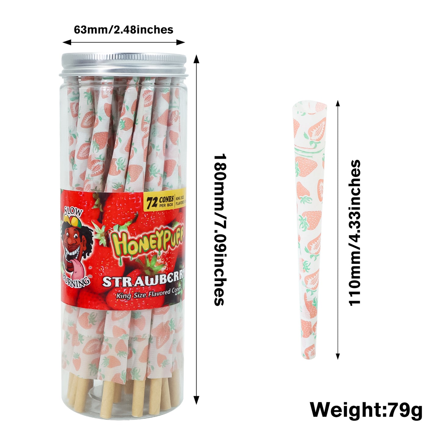 HONEYPUFF Strawberry Flavor Pre Rolled Cones, King Size Pre Rolled Rolling Paper with Tips, Slow Burning Papers (72 PCS)