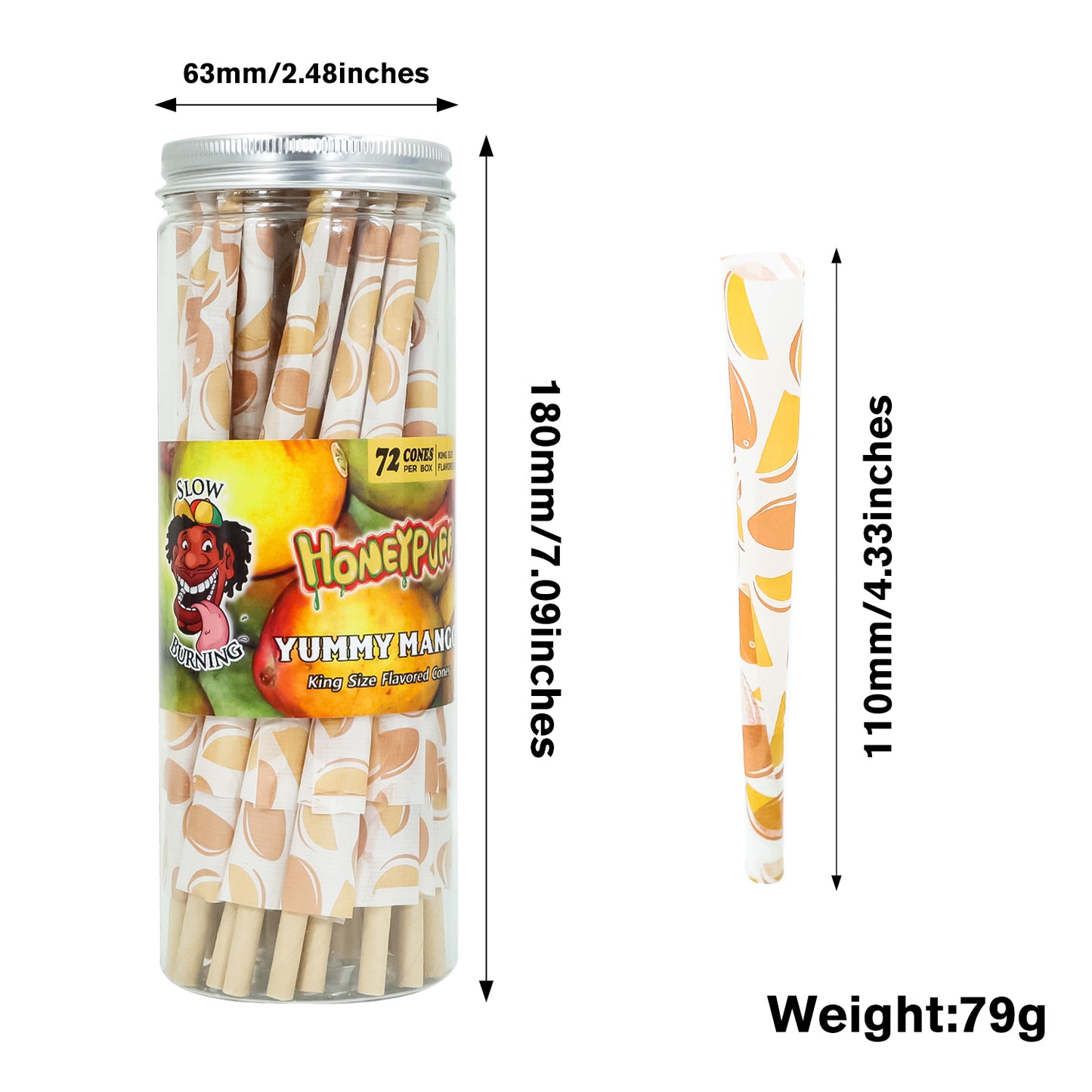 HONEYPUFF Mango Flavor Pre Rolled Cones, King Size Pre Rolled Rolling Paper with Tips, Slow Burning Papers (72 PCS)