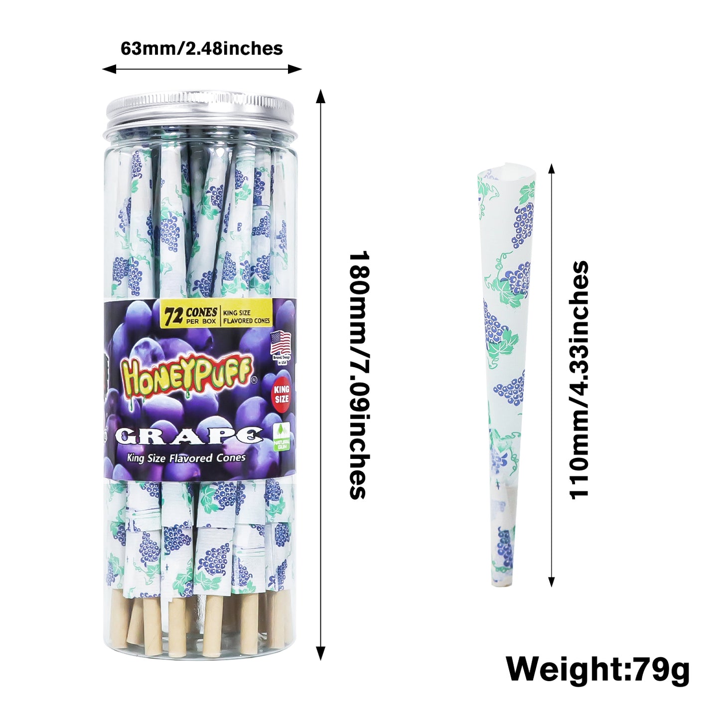 HONEYPUFF Grape Flavor Pre Rolled Cones, King Size Pre Rolled Rolling Paper with Tips, Slow Burning Papers (72 PCS)