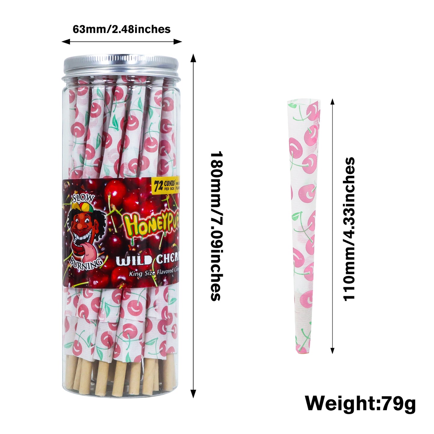 HONEYPUFF Cherry Flavor Pre Rolled Cones, King Size Pre Rolled Rolling Paper with Tips, Slow Burning Papers (72 PCS)