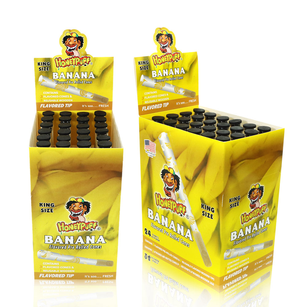 HONEYPUFF Banana Flavors Pre Rolled Cones With Wood Tips, King Size Rolling Paper & Glass Cigarette Holder Slow Burning Rolling Cones