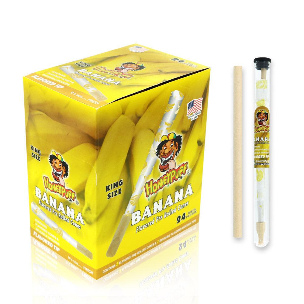 HONEYPUFF Banana Flavors Pre Rolled Cones With Wood Tips, King Size Rolling Paper & Glass Cigarette Holder Slow Burning Rolling Cones