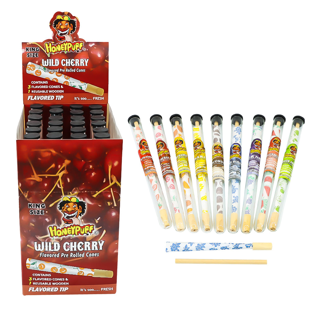 HONEYPUFF Cherry Flavors Pre Rolled Cones With Wood Tips, King Size Rolling Paper & Glass Cigarette Holder Slow Burning Rolling Cones