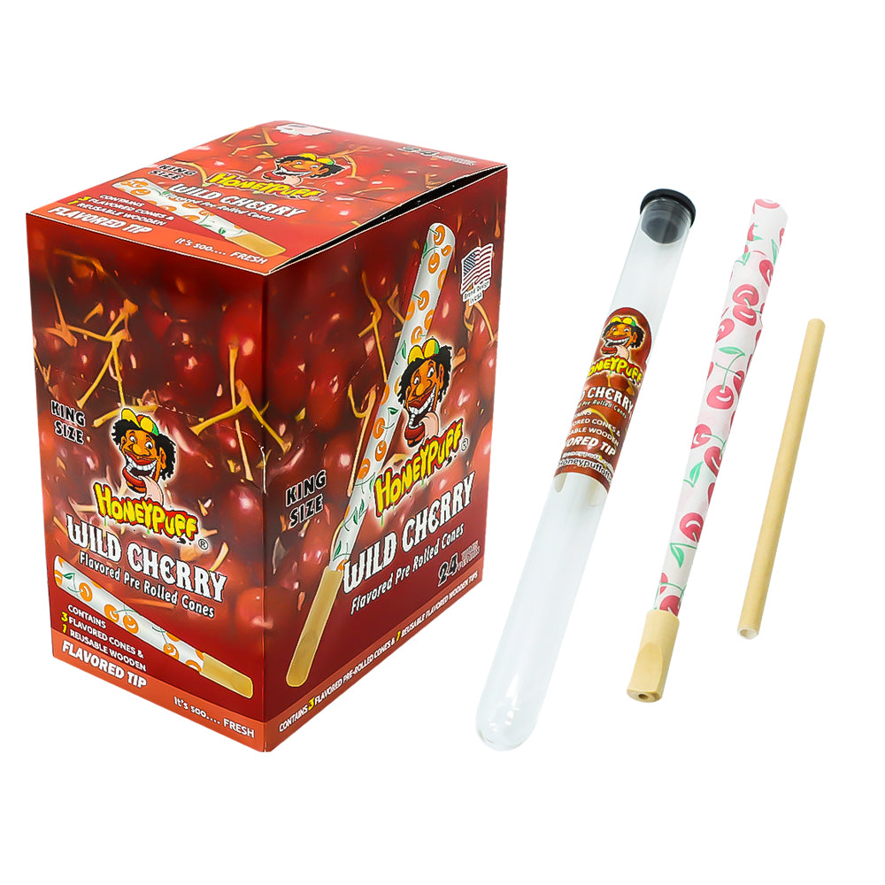 HONEYPUFF Cherry Flavors Pre Rolled Cones With Wood Tips, King Size Rolling Paper & Glass Cigarette Holder Slow Burning Rolling Cones