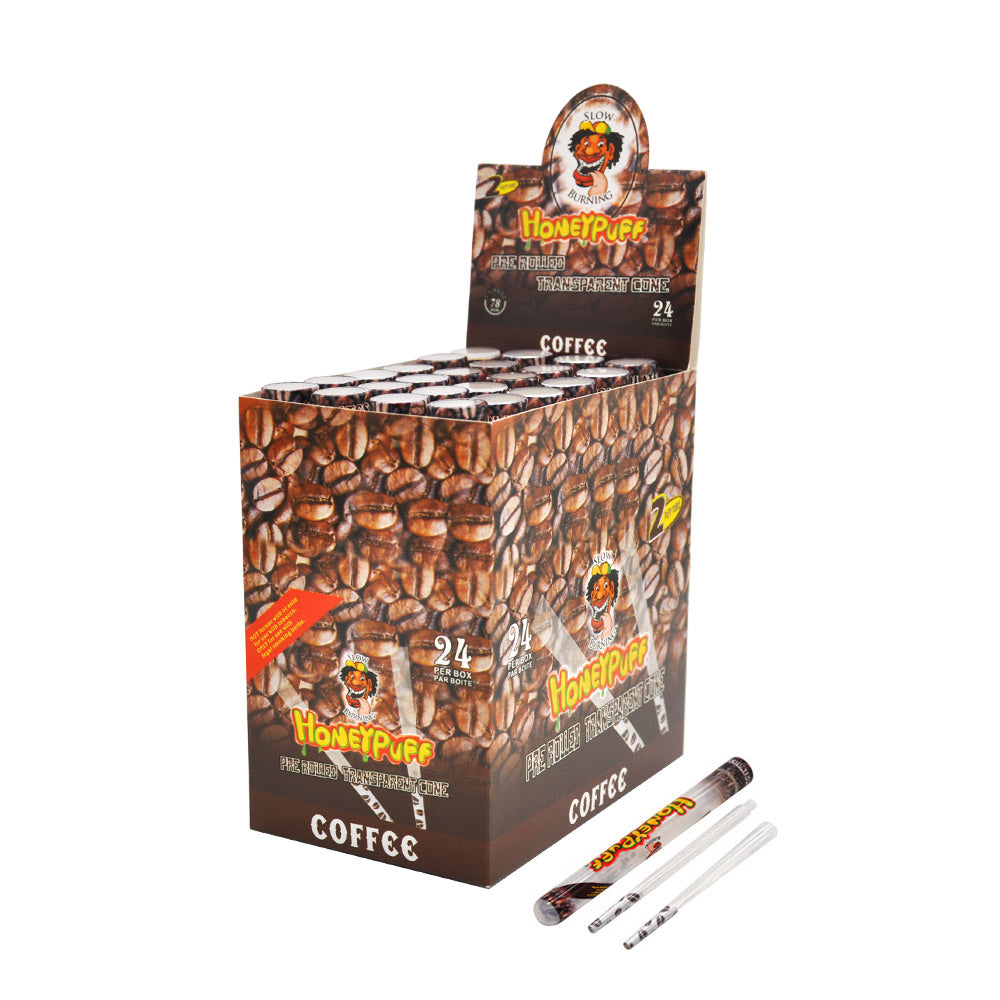 HONEYPUFF 1 1/4 Größe Kaffeegeschmack Vorgerollte Tüten, durchsichtige Zigarettenpapiere, 2 Stück/Tube, 24 Tuben/Box