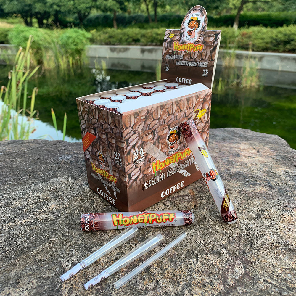 HONEYPUFF 1 1/4 Größe Kaffeegeschmack Vorgerollte Tüten, durchsichtige Zigarettenpapiere, 2 Stück/Tube, 24 Tuben/Box