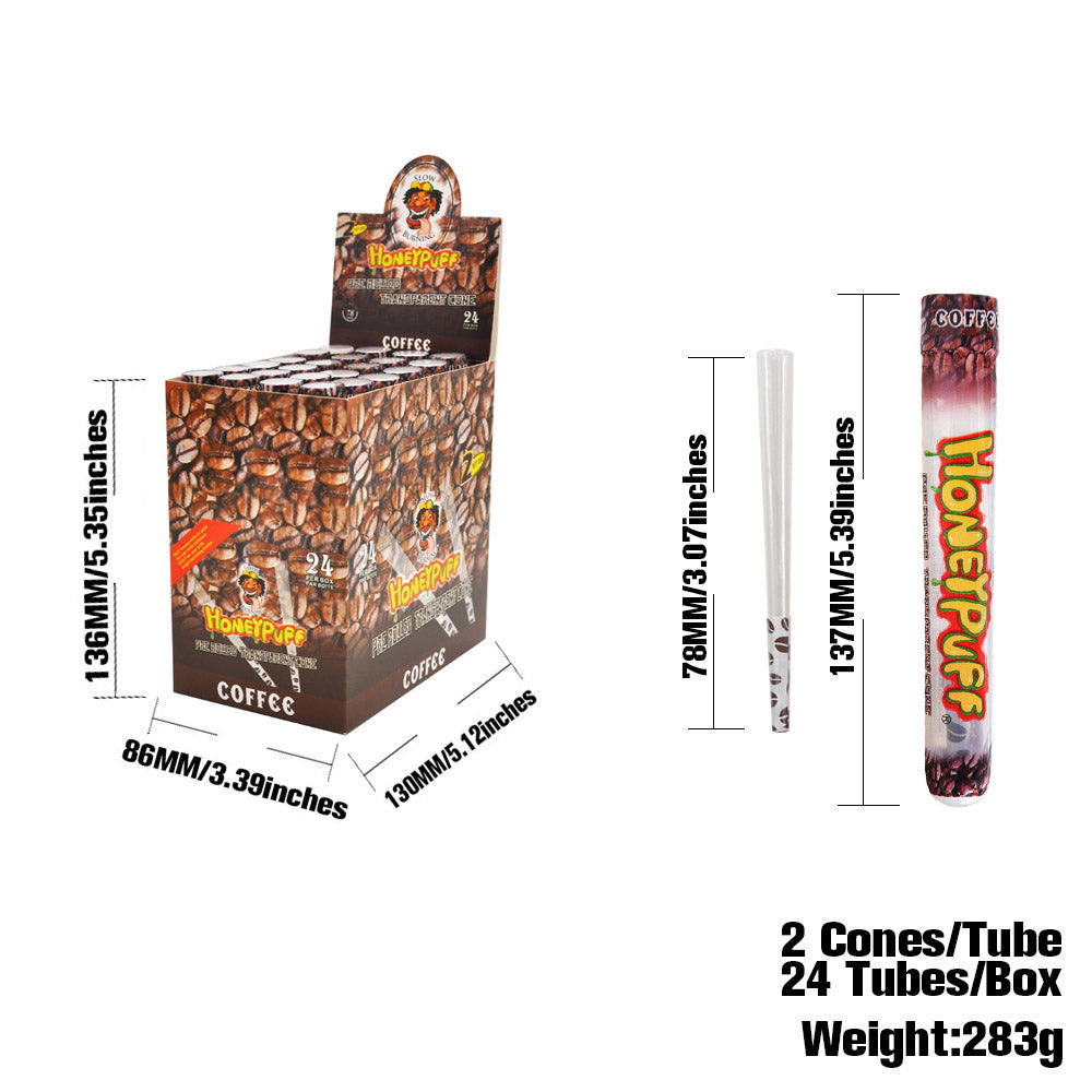 HONEYPUFF 1 1/4 Größe Kaffeegeschmack Vorgerollte Tüten, durchsichtige Zigarettenpapiere, 2 Stück/Tube, 24 Tuben/Box