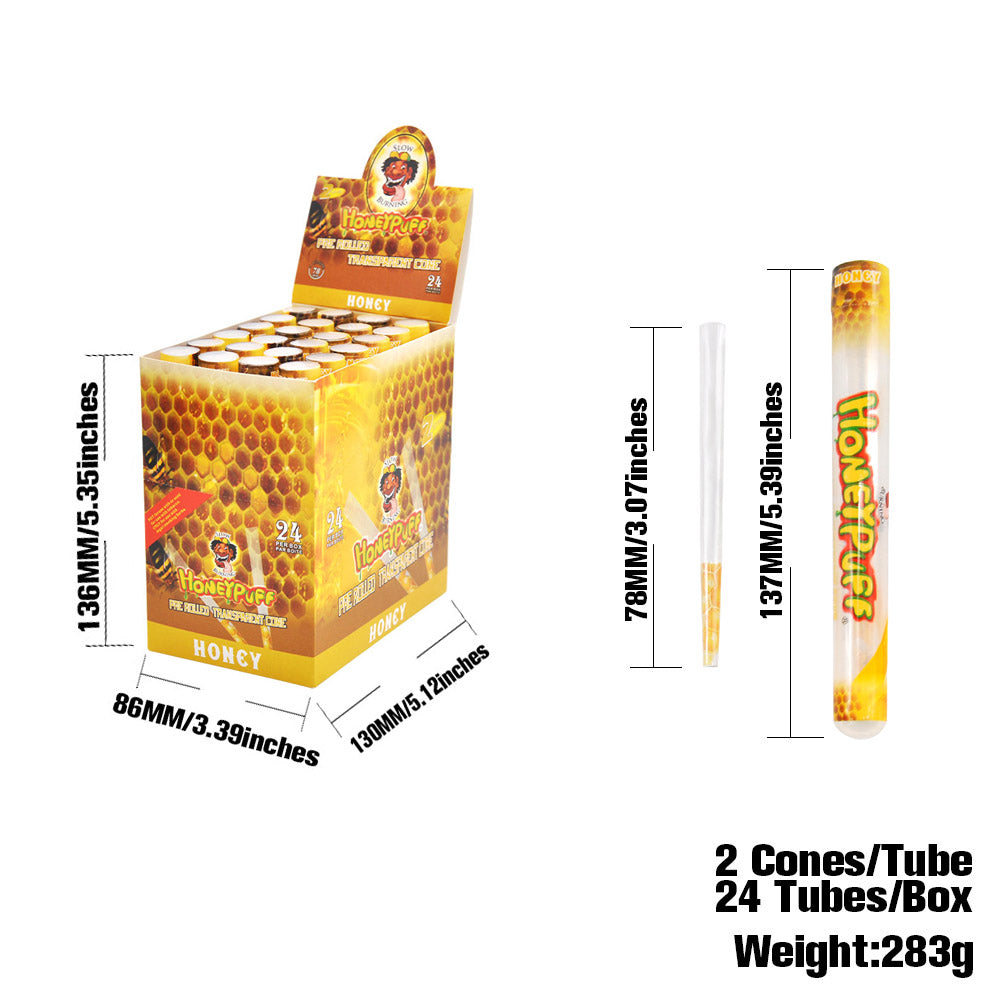 HONEYPUFF Vorgerollte Tüten mit Honiggeschmack, durchsichtige Zigarettenpapiere, vorgerollte Zigarettenpapiere der Größe 1 1/4 mit Tips, 2 Stück pro Tube