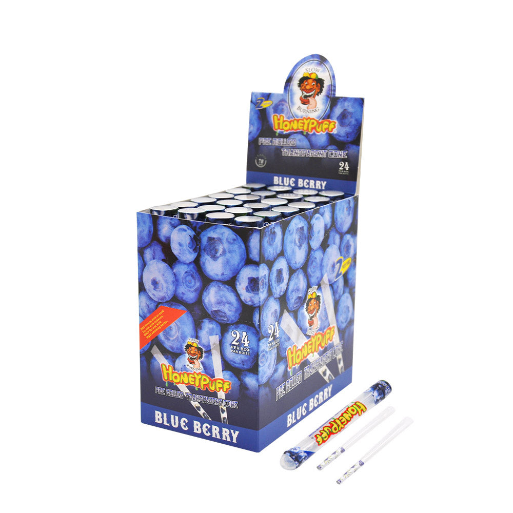 HONEYPUFF 1 1/4 Größe, Blaubeergeschmack, vorgerollte Tüten, transparente Zigarettenpapiere, 2 Stück/Tube, 24 Tuben/Box