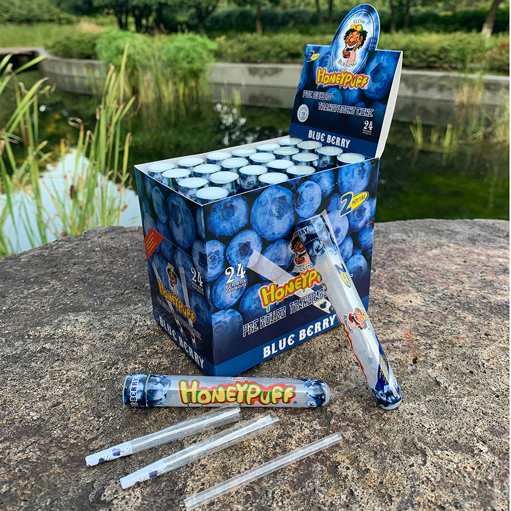 HONEYPUFF 1 1/4 Größe, Blaubeergeschmack, vorgerollte Tüten, transparente Zigarettenpapiere, 2 Stück/Tube, 24 Tuben/Box