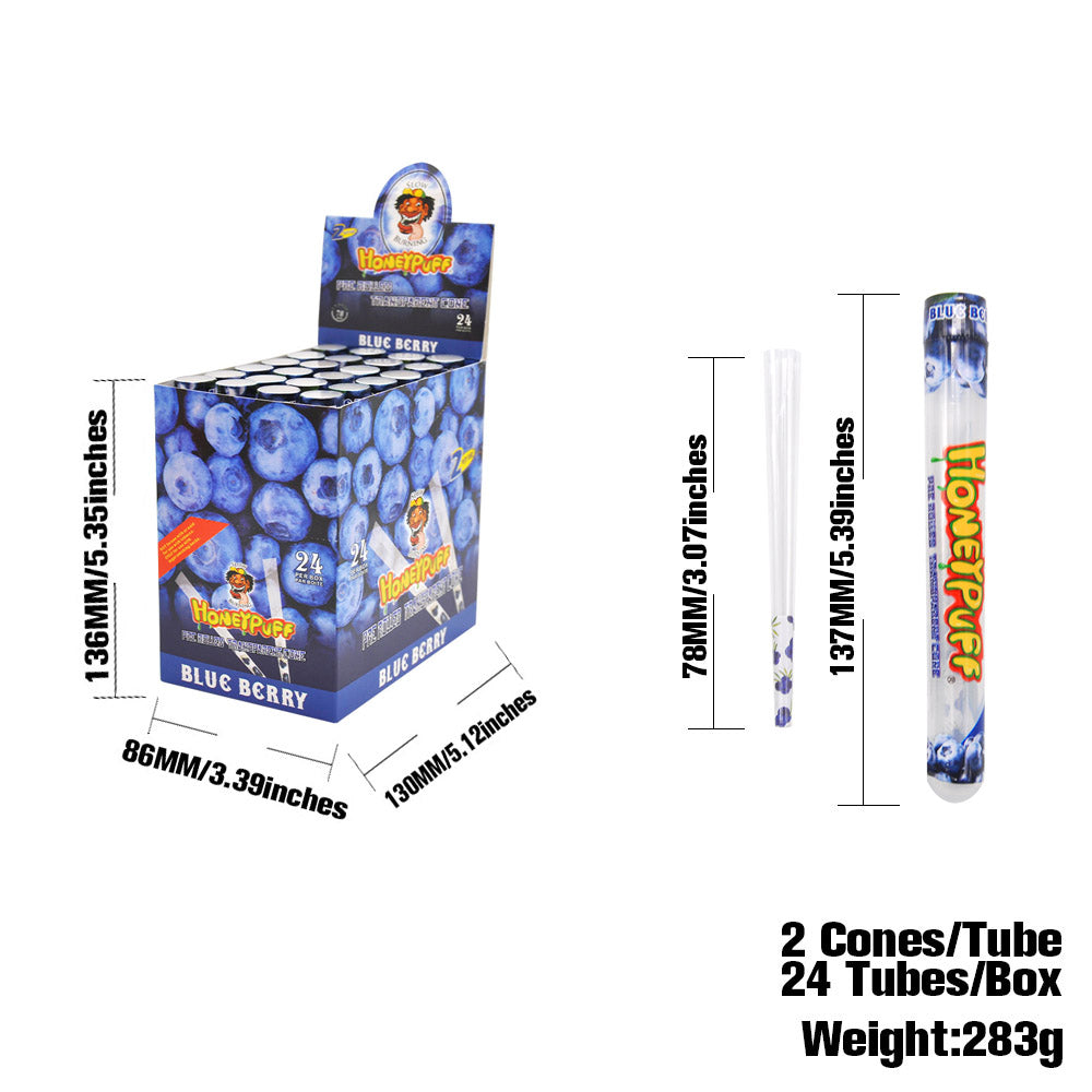 HONEYPUFF 1 1/4 Größe, Blaubeergeschmack, vorgerollte Tüten, transparente Zigarettenpapiere, 2 Stück/Tube, 24 Tuben/Box