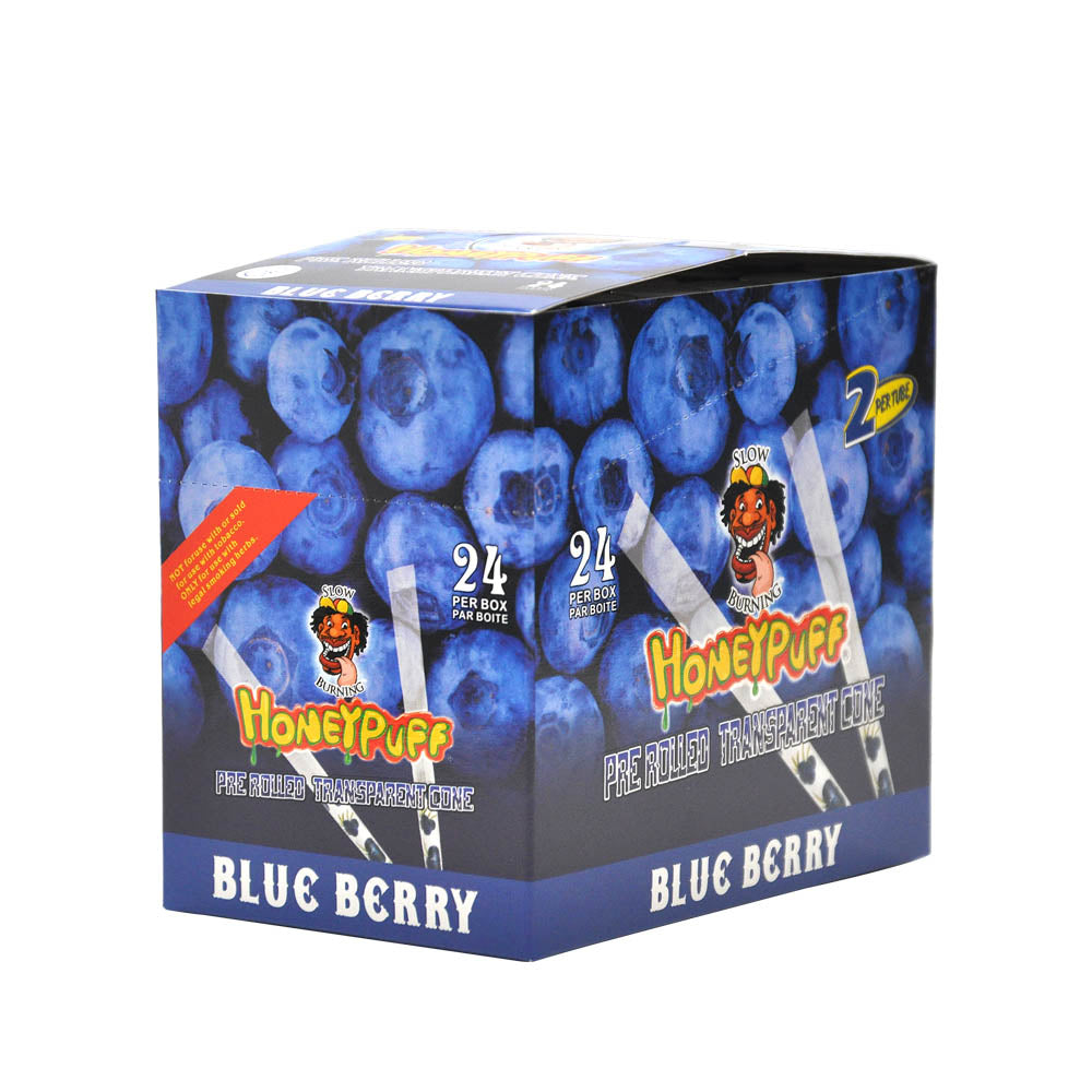 HONEYPUFF 1 1/4 Größe, Blaubeergeschmack, vorgerollte Tüten, transparente Zigarettenpapiere, 2 Stück/Tube, 24 Tuben/Box