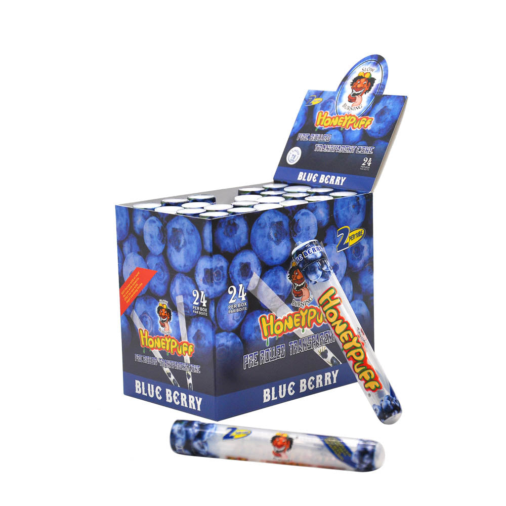 HONEYPUFF 1 1/4 Größe, Blaubeergeschmack, vorgerollte Tüten, transparente Zigarettenpapiere, 2 Stück/Tube, 24 Tuben/Box