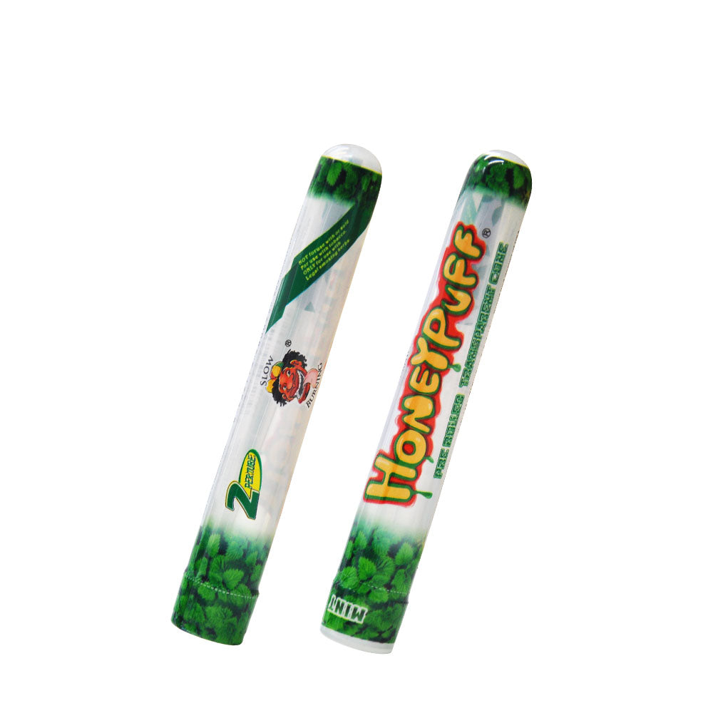 HONEYPUFF 1 1/4 Größe, Minzgeschmack, vorgerollte Hülsen, transparente Zigarettenpapiere, 2 Stück/Tube, 24 Tuben/Box