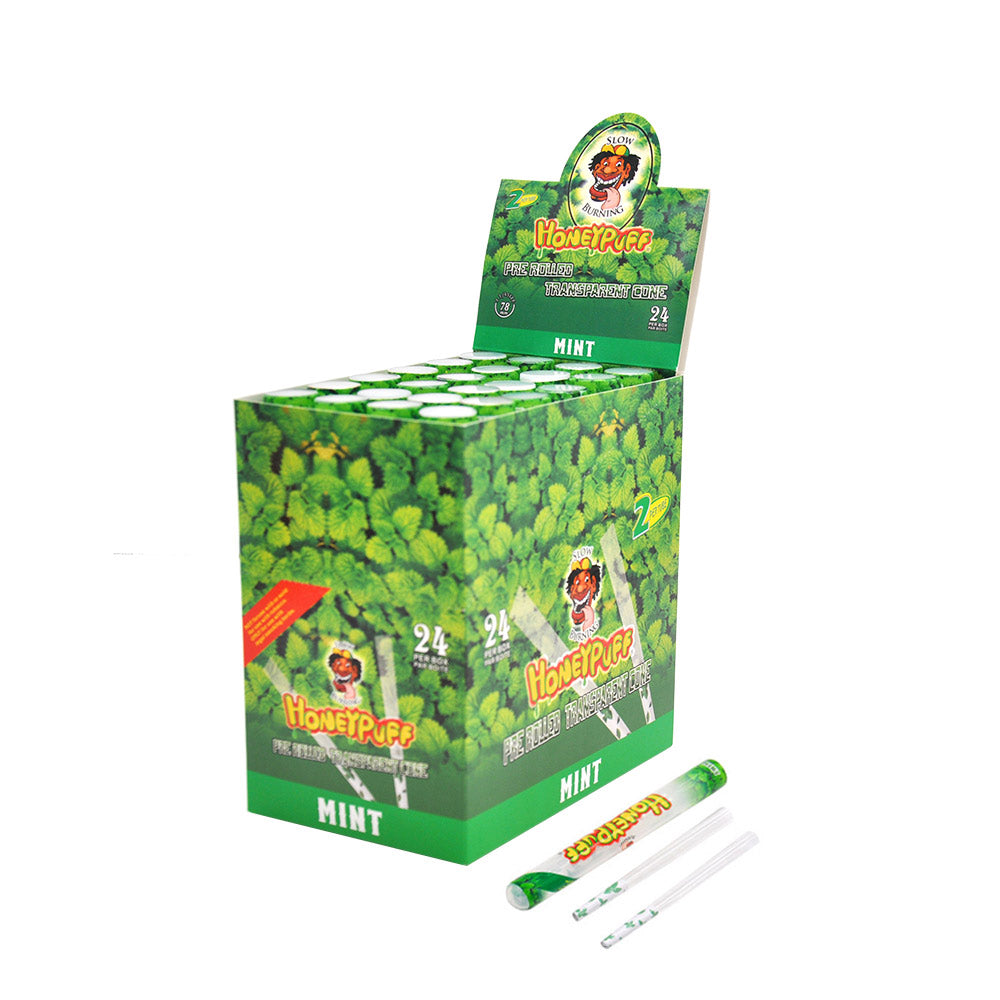 HONEYPUFF 1 1/4 Größe, Minzgeschmack, vorgerollte Hülsen, transparente Zigarettenpapiere, 2 Stück/Tube, 24 Tuben/Box