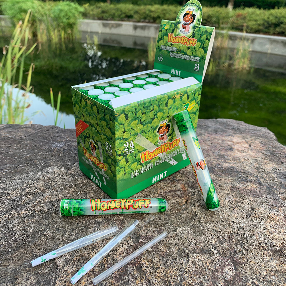 HONEYPUFF 1 1/4 Größe, Minzgeschmack, vorgerollte Hülsen, transparente Zigarettenpapiere, 2 Stück/Tube, 24 Tuben/Box