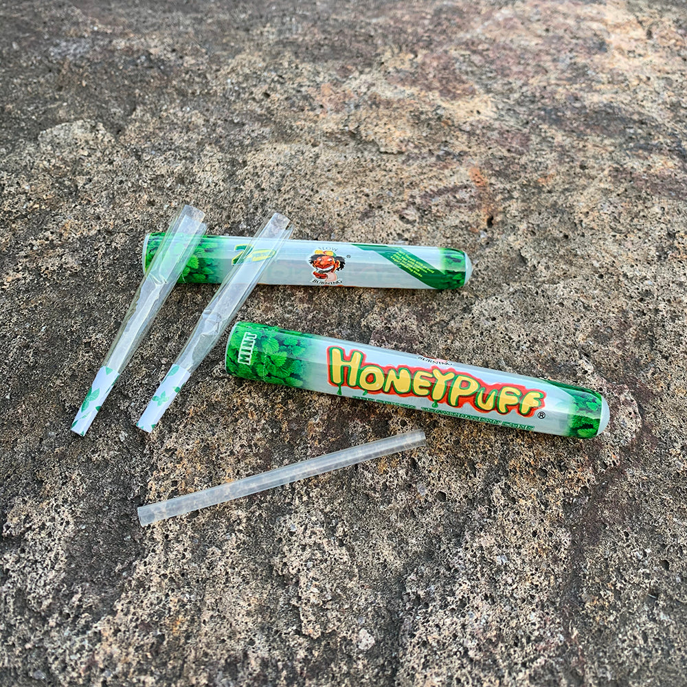 HONEYPUFF 1 1/4 Größe, Minzgeschmack, vorgerollte Hülsen, transparente Zigarettenpapiere, 2 Stück/Tube, 24 Tuben/Box