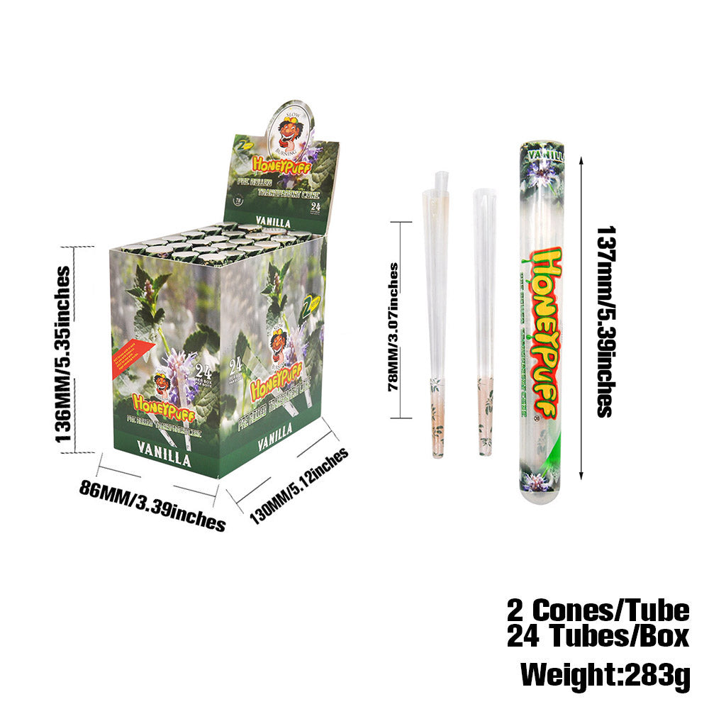 HONEYPUFF Vanillegeschmack, vorgerollte Tüten, durchsichtige Zigarettenpapiere, vorgerollte Zigarettenpapiere der Größe 1 1/4 mit Tips, 2 Stück pro Tube