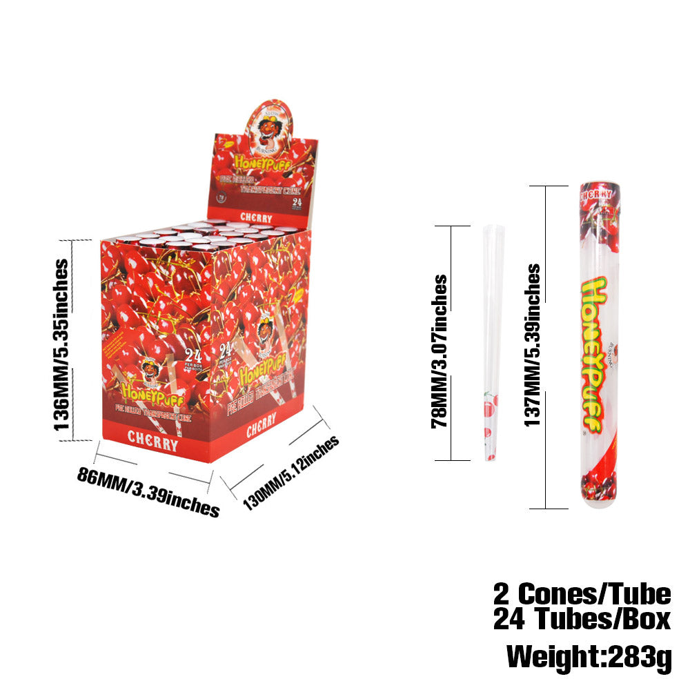 HONEYPUFF Kirschgeschmack, vorgerollte Tüten, transparente Zigarettenpapiere, vorgerolltes Zigarettenpapier der Größe 1 1/4 mit Tips, 2 Stück/Tube