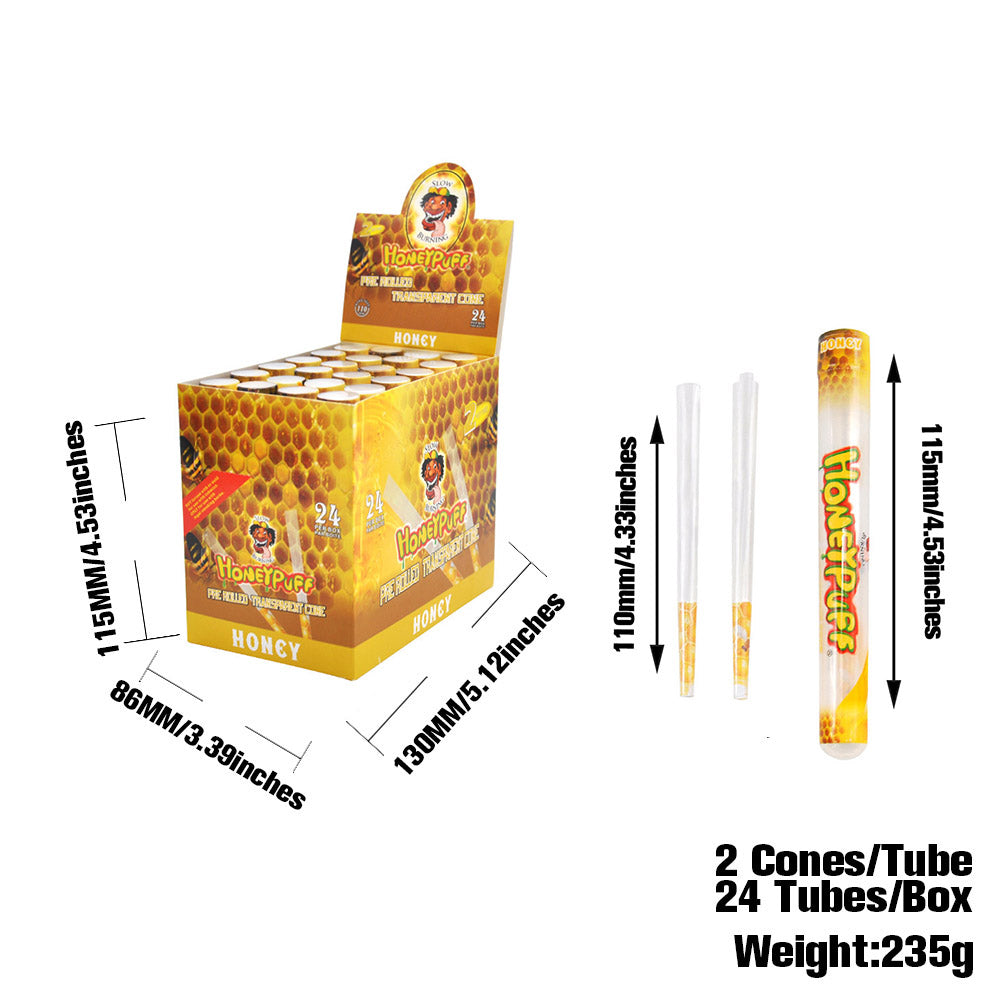 HONEYPUFF Honey Flavored Pre Rolled Cones, King Size Pre Rolled Rolling Paper with Tips, Transparent & Slow Burning Rolled Paper, 2 PCS per Tube