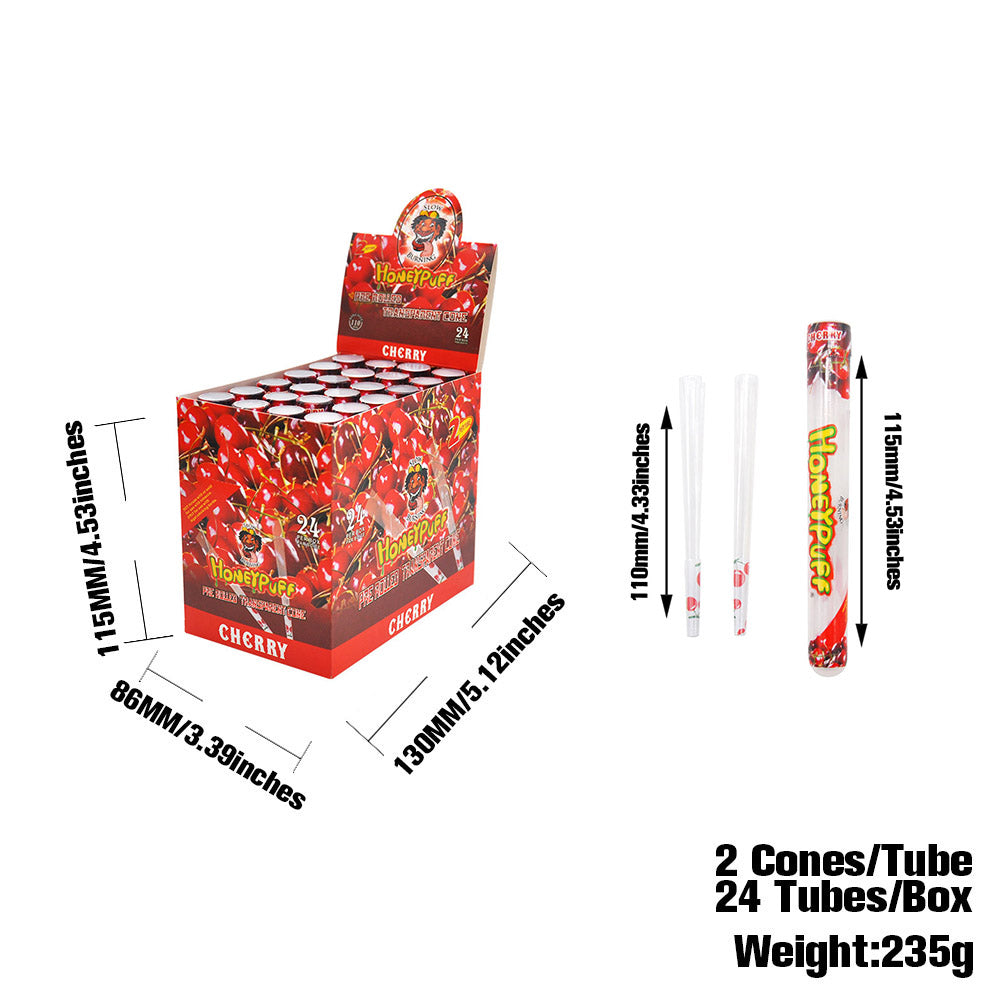 HONEYPUFF Kirschgeschmack, vorgerollte Tüten, transparente Zigarettenpapiere, vorgerollte Kingsize-Zigarettenpapiere mit Tips, 2 Stück pro Tube
