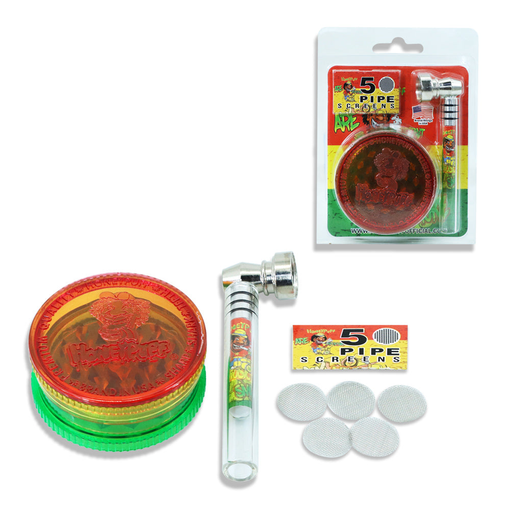 HONEYPUFF Herb Grinder Kit, Glass Hand Pipe With Metal Bowl, Plastic Herb Grinder, 5 PCS Stainless Steel Pipe Screen