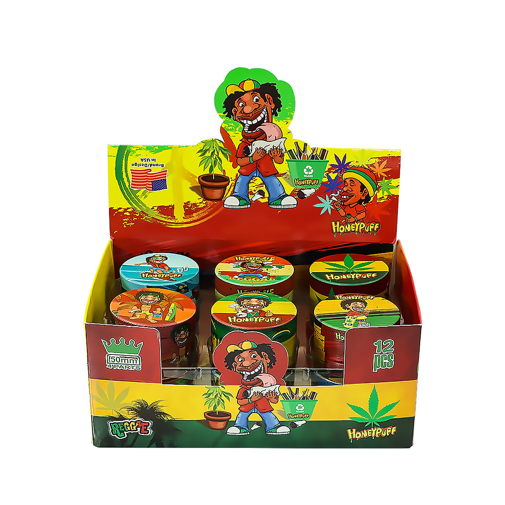 Moulin à herbes Honeypuff 50 mm en zinc et métal, style rasta, 4 couches, 6 pièces par boîte