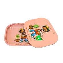 Load image into Gallery viewer, HONEYPUFF Green Tinplate Metal Rolling Tray, Soft Magnetic Lid Cigarette Rolling Tray, Smooth Rounded Edge Rolling Paper Tray, 7” x 5.5” Small Size Portable Rolling Trays