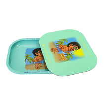 Load image into Gallery viewer, HONEYPUFF Green Tinplate Metal Rolling Tray, Soft Magnetic Lid Cigarette Rolling Tray, Smooth Rounded Edge Rolling Paper Tray, 7” x 5.5” Small Size Portable Rolling Trays