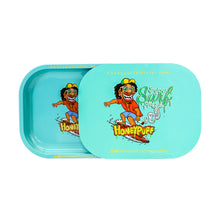 Load image into Gallery viewer, HONEYPUFF Green Tinplate Metal Rolling Tray, Soft Magnetic Lid Cigarette Rolling Tray, Smooth Rounded Edge Rolling Paper Tray, 7” x 5.5” Small Size Portable Rolling Trays